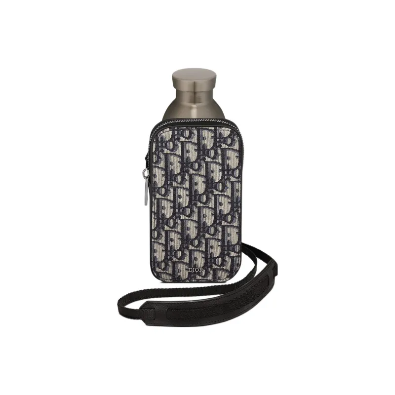 DIOR Aqua Black Grained Cow Leather With Oblique Printed Fabric Cell Phone Pouch Unisex Beige/Black-0