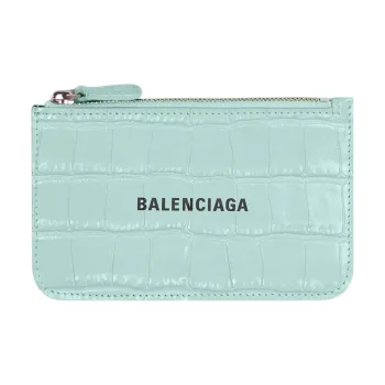 Balenciaga Cash Shiny Crocodile Pattern Embossed Cow Leather Coin Purse Card Clip Card Holder Large Size Women's Green
