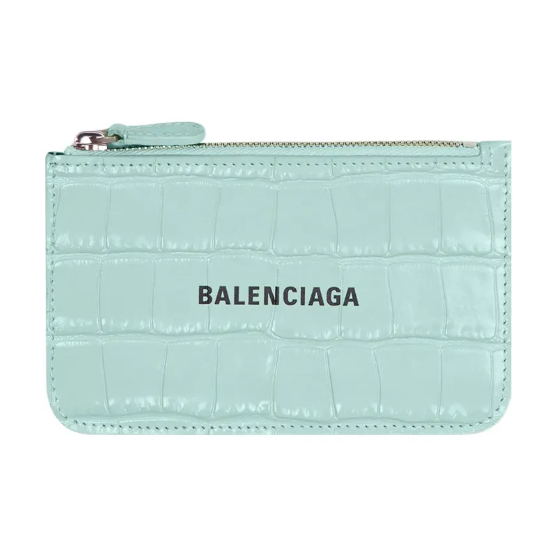 Balenciaga Cash Shiny Crocodile Pattern Embossed Cow Leather Coin Purse Card Clip Card Holder Large Size Women's Green-0