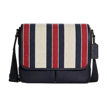 COACH Thompson Fabric Leather One Shoulder Handbag Crossbody Bag Medium Size Men's Blue & Red & White