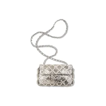 CHANEL Embroidered Rhinestone And Silver Metal Flap Bag, Crossbody Bag, Shoulder Bag Mini Women's Silver