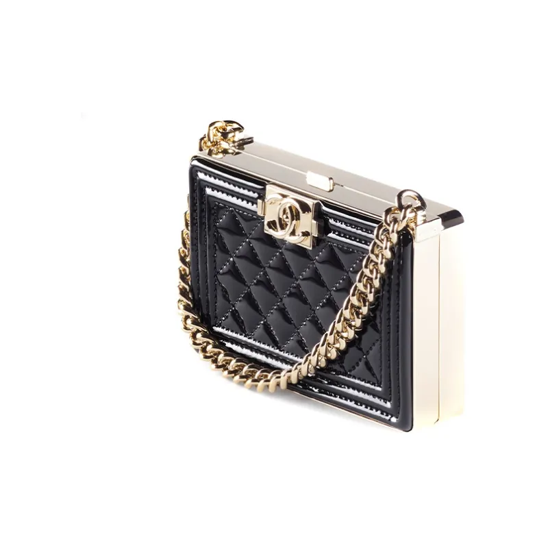 CHANEL Calfskin Patent Leather And Gold Metal Hard Evening Bag, Crossbody Bag, Handbag Women's Black-1