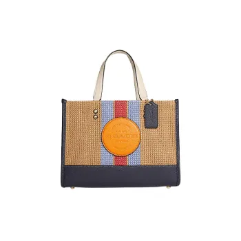 COACH Dempsey Straw And Refined Pebbled Leather Tote Bag Shopping Bag Handbag Large Size Color & Blue & Red