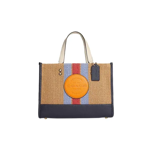 COACH Dempsey Straw And Refined Pebbled Leather Tote Bag Shopping Bag Handbag Large Size Color & Blue & Red