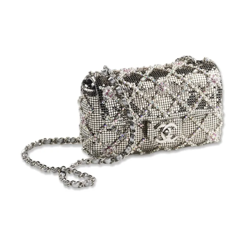 CHANEL Embroidered Rhinestone And Silver Metal Flap Bag, Crossbody Bag, Shoulder Bag Mini Women's Silver-1