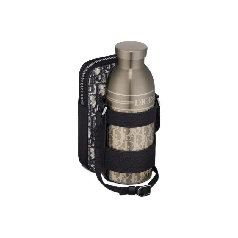 DIOR Aqua Black Grained Cow Leather With Oblique Printed Fabric Cell Phone Pouch Unisex Beige/Black-1