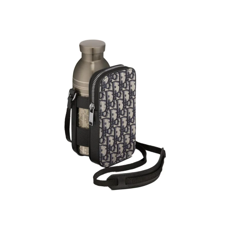 DIOR Aqua Black Grained Cow Leather With Oblique Printed Fabric Cell Phone Pouch Unisex Beige/Black-2