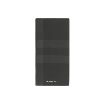 Burberry Plaid Patchwork Leather Card Clip Wallet Card Holder Men's Charcoal Gray