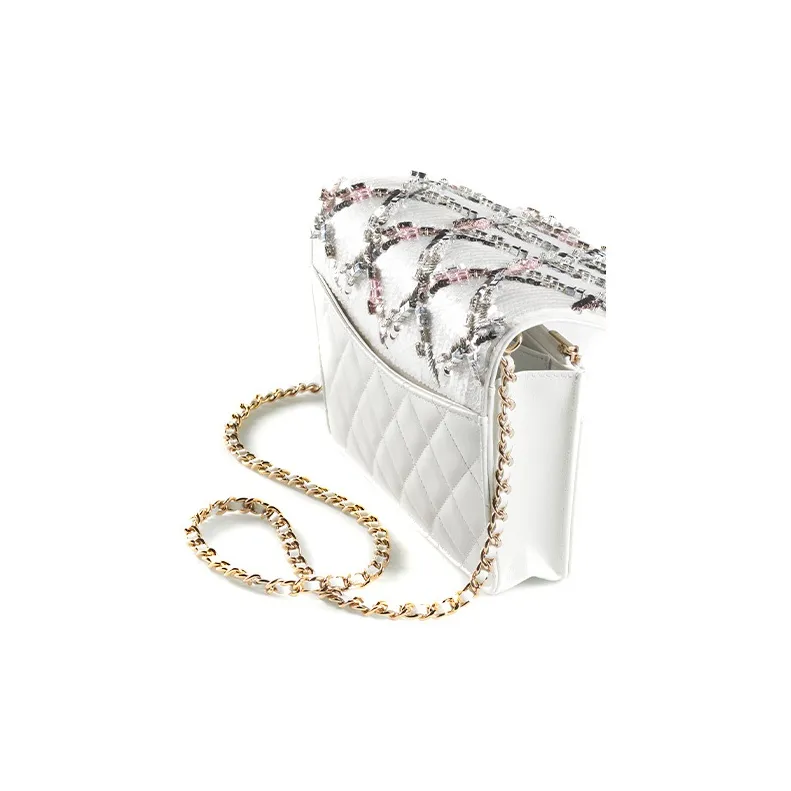 CHANEL Embroidered Silk Satin Sequins And Gold Metal Crossbody Bag Women's White-2