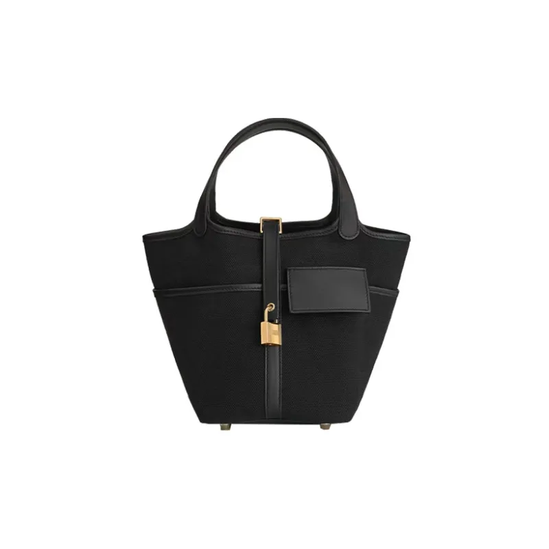 HERMES Picotin Lock Canvas With Swift Calfskin Basket Bag Handbag Bucket Bag Women's Noir Black-0