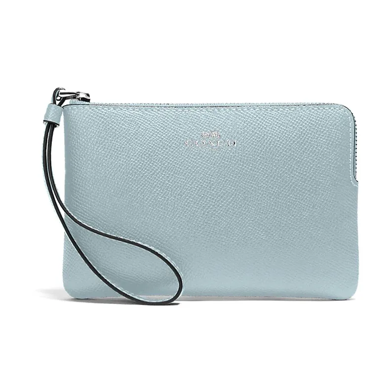 COACH Corner Zip Leather Coin Purse Wrist Bag Clutch Women's Haze Blue-0