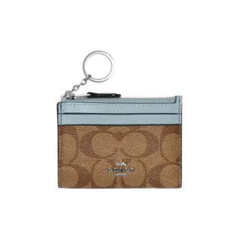 COACH Skinny Id Case Canvas Leather Wallets Card Holders Women's Antique Floral With Light Blue