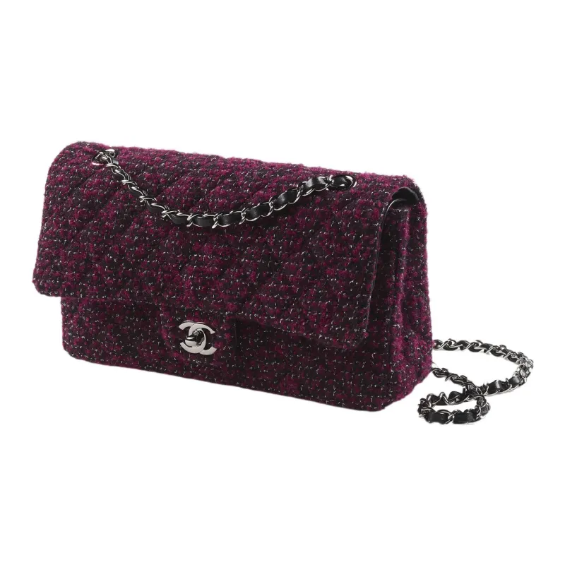 CHANEL Classic Flap CF Wool Twill Soft Woolen Rust Metal Shoulder Bag, Crossbody Bag Women's Deep Pink/Black Silver-1