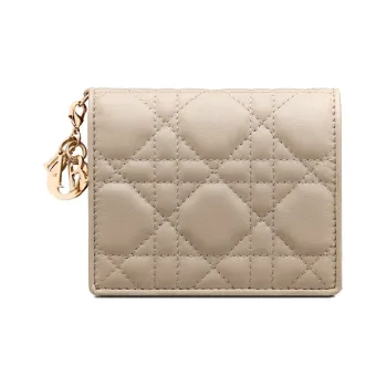 DIOR Lady Dior Sheepskin Wallet Money Clip Card Holder Card Clip Mini Women's Natural Khaki