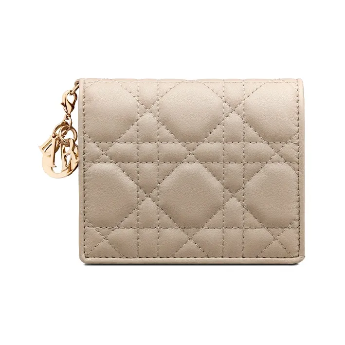 DIOR Lady Dior Sheepskin Wallet, Card Holder Mini Women's Natural Khaki-0
