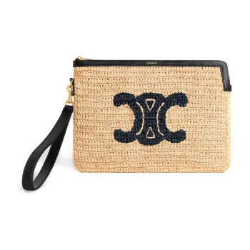 CELINE Triomphe Arc De Triomphe Fabric Coin Purse Clutch Women's Beige Blue