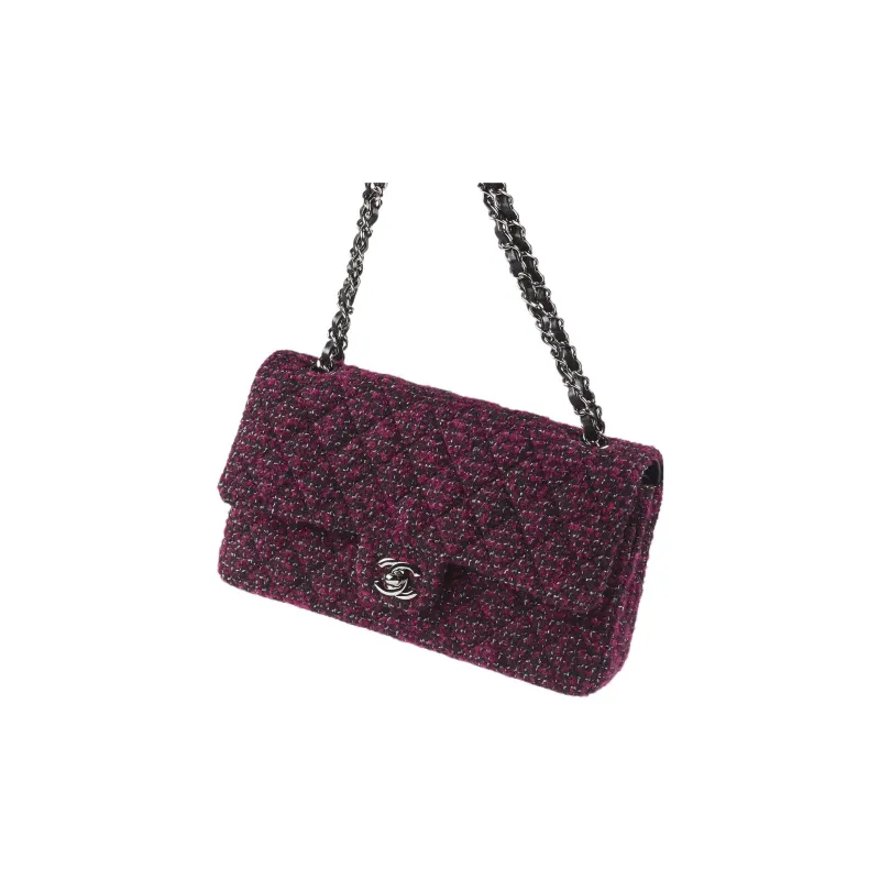 CHANEL Classic Flap CF Wool Twill Soft Woolen Rust Metal Shoulder Bag, Crossbody Bag Women's Deep Pink/Black Silver-2