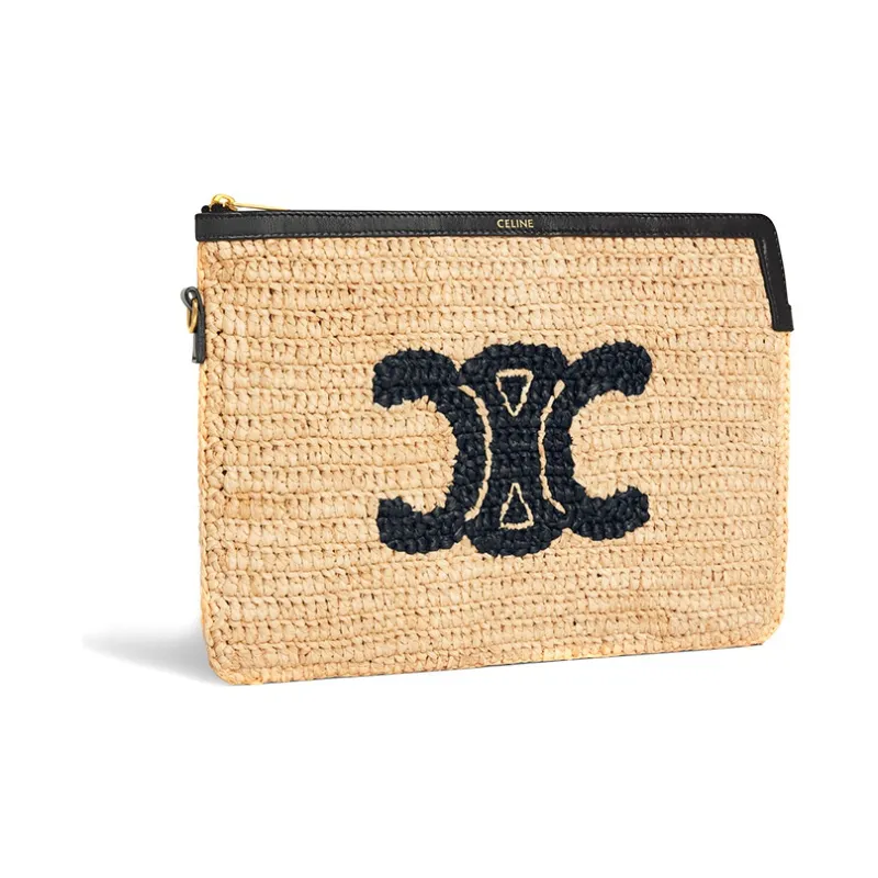 CELINE Triomphe Arc De Triomphe Fabric Coin Purse Clutch Women's Beige Blue-2