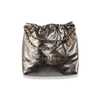 CHANEL 22Bag Cow Leather And Gold Metal Handbag, Shoulder Bag Medium Size Women's Ruthenium Metallic