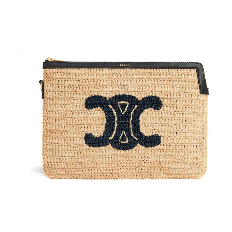 CELINE Triomphe Arc De Triomphe Fabric Coin Purse Clutch Women's Beige Blue-1
