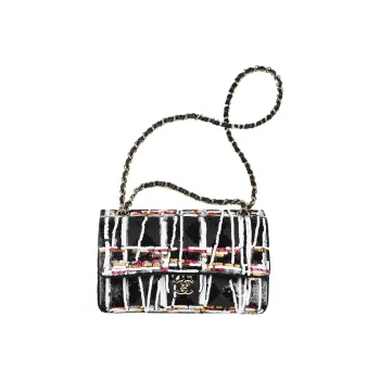 CHANEL Classic Flap CF Embroidered Silk Satin Handbag Shoulder Bag Crossbody Bag Women's Black White Red With Gold