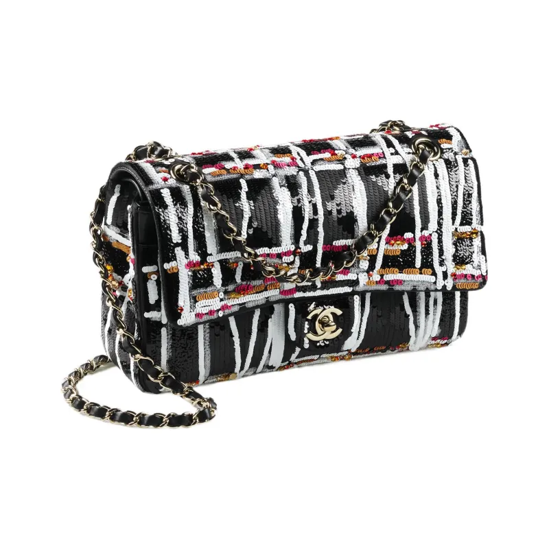 CHANEL Classic Flap CF Embroidered Silk Satin Handbag, Shoulder Bag, Crossbody Bag Women's Black, White, Red, And Gold-1
