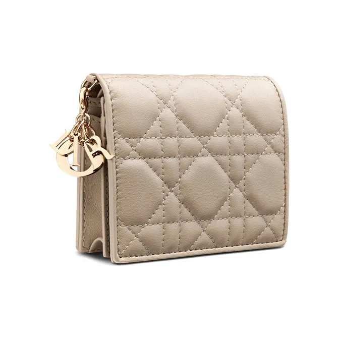 DIOR Lady Dior Sheepskin Wallet, Card Holder Mini Women's Natural Khaki-1