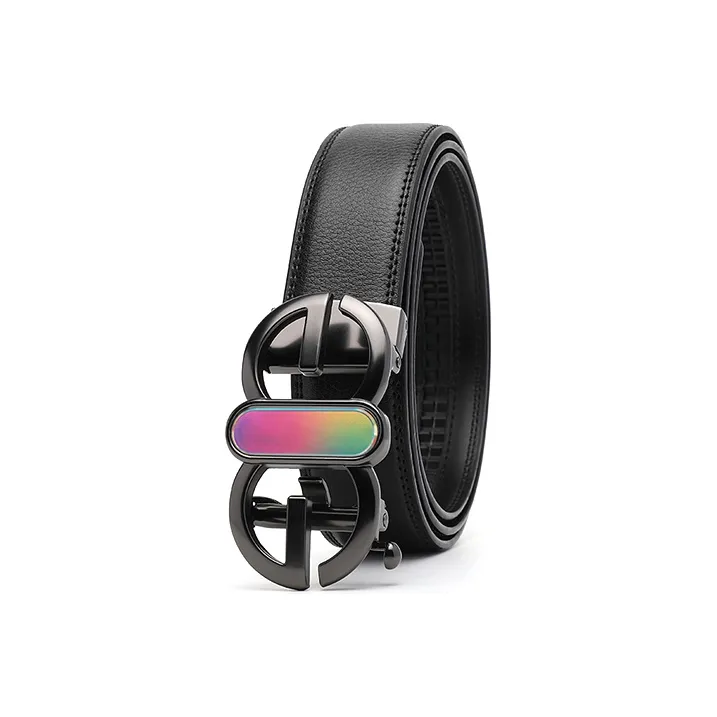 FREE RABBITⅡ Dazzling Color Smooth Buckle Print Cow Leather Belt Men's Black Width  3.5cm-4