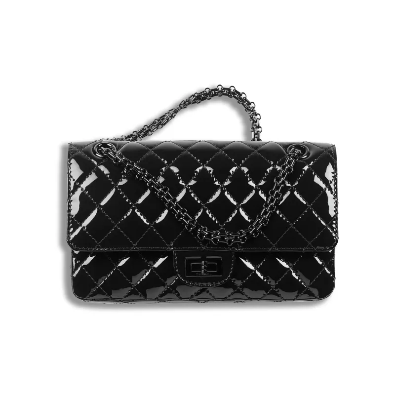 CHANEL 2.55 Calf Patent Leather & Metal Shoulder Bag, Crossbody Bag Women's Black-0