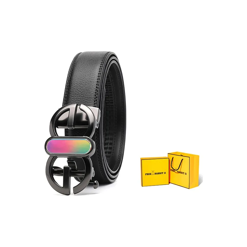 FREE RABBITⅡ Dazzling Color Smooth Buckle Print Cow Leather Belt Men's Black Width  3.5cm-3