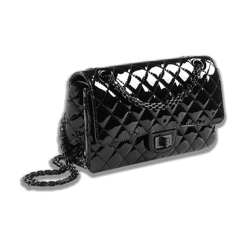 CHANEL 2.55 Calf Patent Leather & Metal Shoulder Bag, Crossbody Bag Women's Black-1