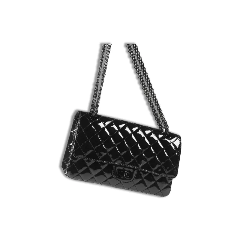 CHANEL 2.55 Calf Patent Leather & Metal Shoulder Bag, Crossbody Bag Women's Black-2