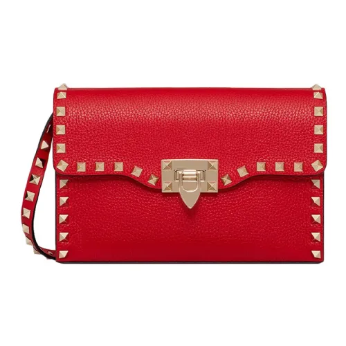 Valentino Rockstud Calfskin Messenger Bag Shoulder Bag Crossbody Bag Small Size Women's Red