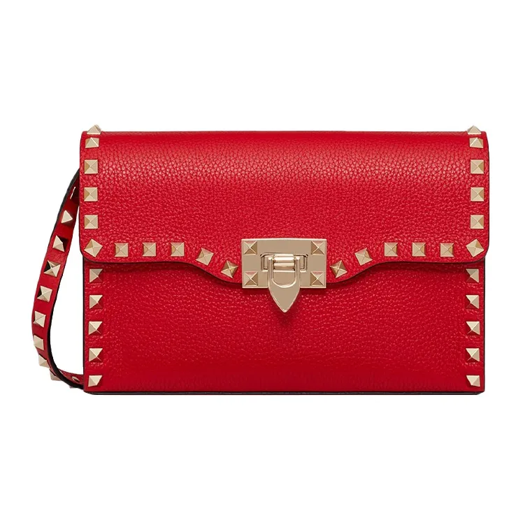 Valentino Rockstud Calfskin Messenger Bag Shoulder Bag Crossbody Bag Small Size Women's Red-0