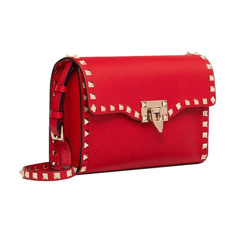 Valentino Rockstud Calfskin Messenger Bag Shoulder Bag Crossbody Bag Small Size Women's Red-1