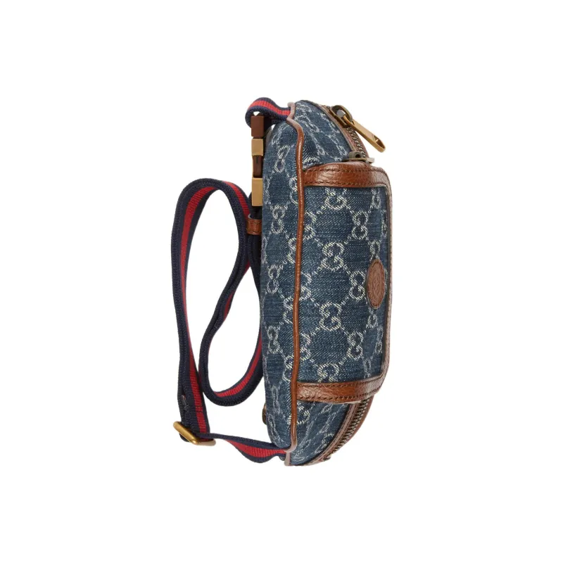 GUCCI Denim Embroidered Patchwork With Leather Trim Fanny Pack Women's Blue-6