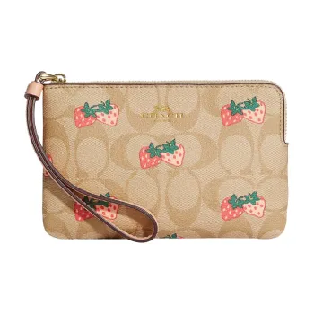COACH Corner Zip Coated Canvas With Leather Coin Purse Wrist Bag Small Size Women's Light Khaki