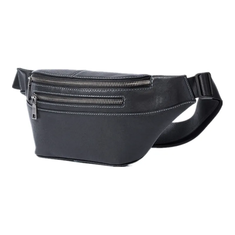 NOMK Vegetable Tanned Top Grain Cow Leather Crossbody Bag Sling Bag Fanny Pack Small Size Men's Black-0