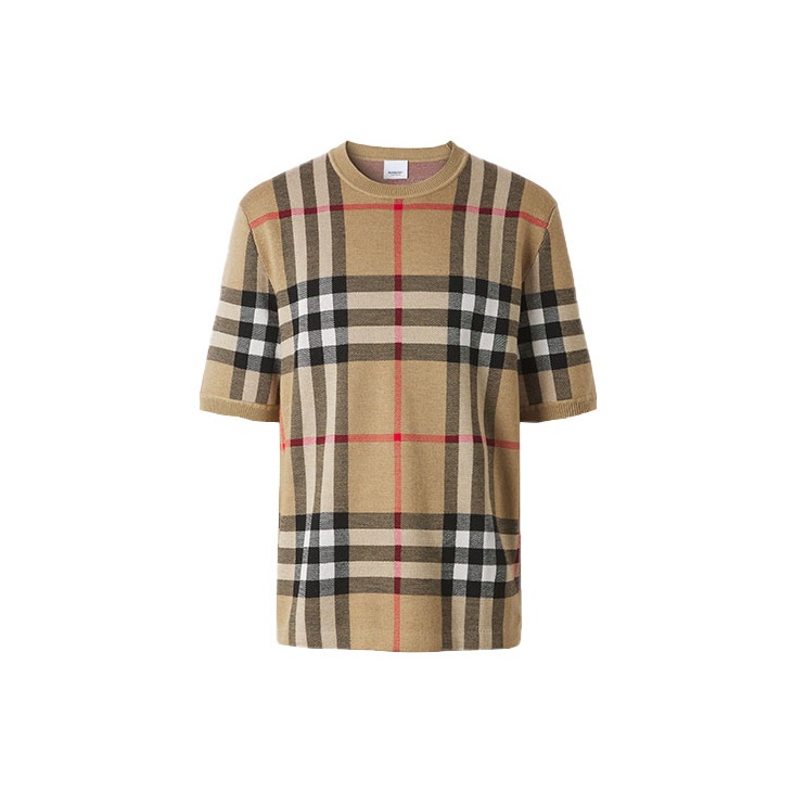 Burberry Short-sleeve Check Silk Wool Jacquard Top