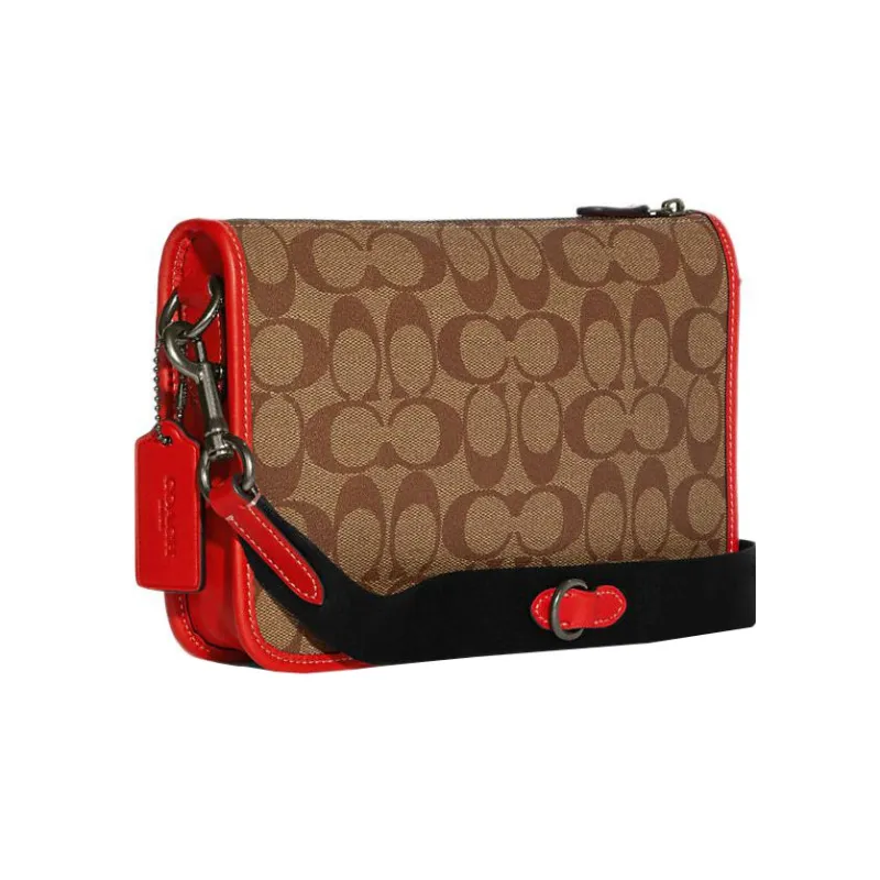 COACH Heritage Cow Leather One Shoulder Handbag, Crossbody Bag Medium Size Men's Brown & Red-1