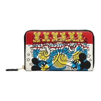 COACH Keith Haring Collaboration Id Zip Wallet Pebbled Leather Clutches Wallets Small Size Unisex White & Red & Blue