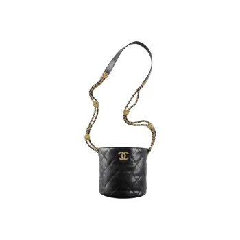 CHANEL Grained Embossed Cow Leather Bucket Bags Shoulder Bag Crossbody Bag Small Size Women's Black