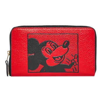 COACH X Disney X Keith Haring Id Zip Wallet Leather Card Holder Wallet Women's Red