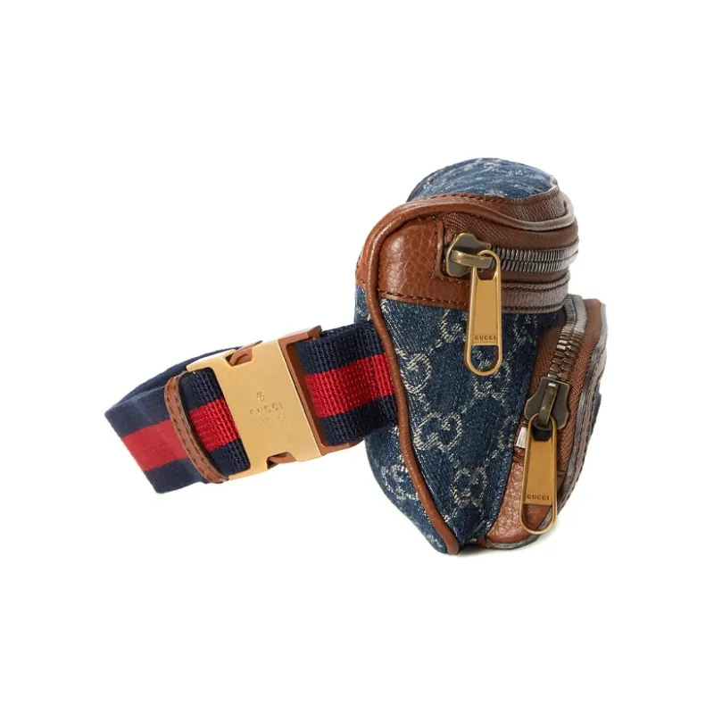 GUCCI Denim Embroidered Patchwork With Leather Trim Fanny Pack Women's Blue-3
