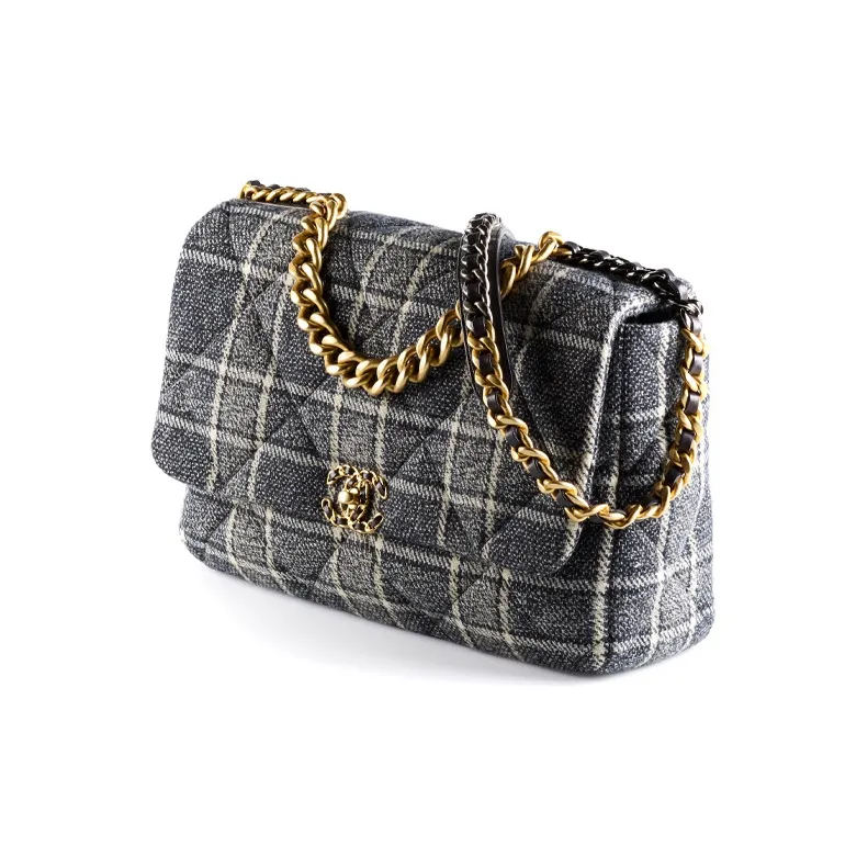 CHANEL 19Bag Twill Woolen Crossbody Bag, Shoulder Bag Women's Dark Gray Multicolor-1