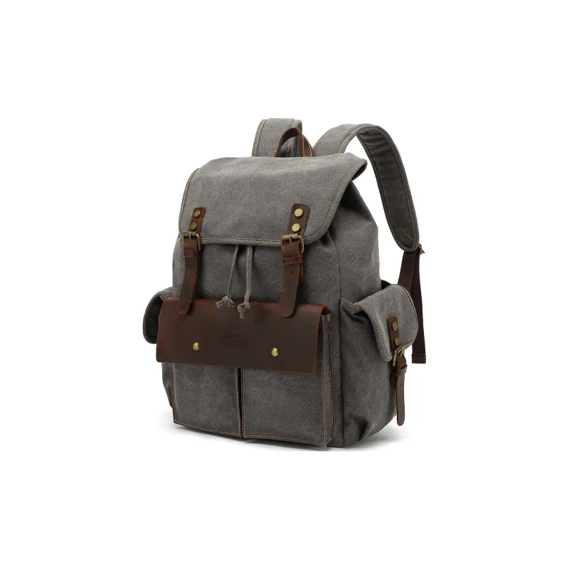 Slazenger Canvas With Top Grain Cow Leather Backpack Regular Unisex Gray/Khaki/Black-0