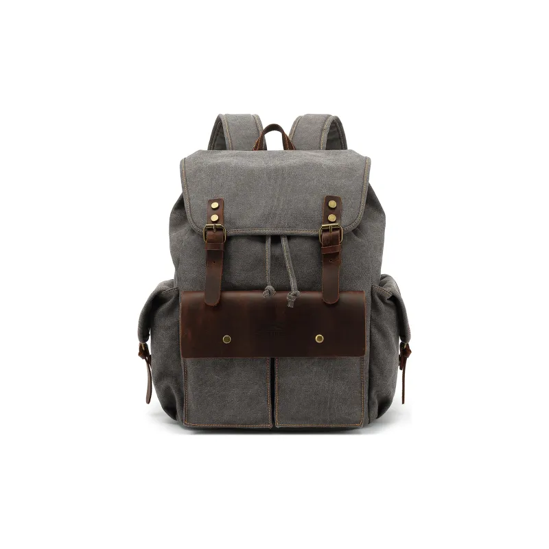 Slazenger Canvas With Top Grain Cow Leather Backpack Regular Unisex Gray/Khaki/Black-1