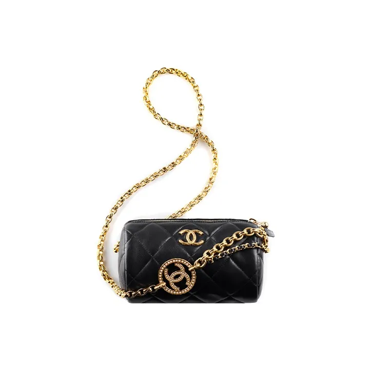 CHANEL 22A Early Autumn Sheepskin Cylinder Bag, Shoulder Bag, Crossbody Bag Women's Black-0