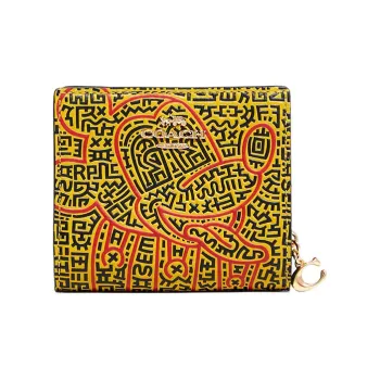 COACH Keith Haring X Disney Collaboration Snap Wallet Leather Card Holder Wallet Unisex Yellow And Red