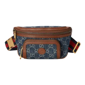 GUCCI Denim Embroidered Patchwork With Leather Trim Fanny Pack Women's Blue